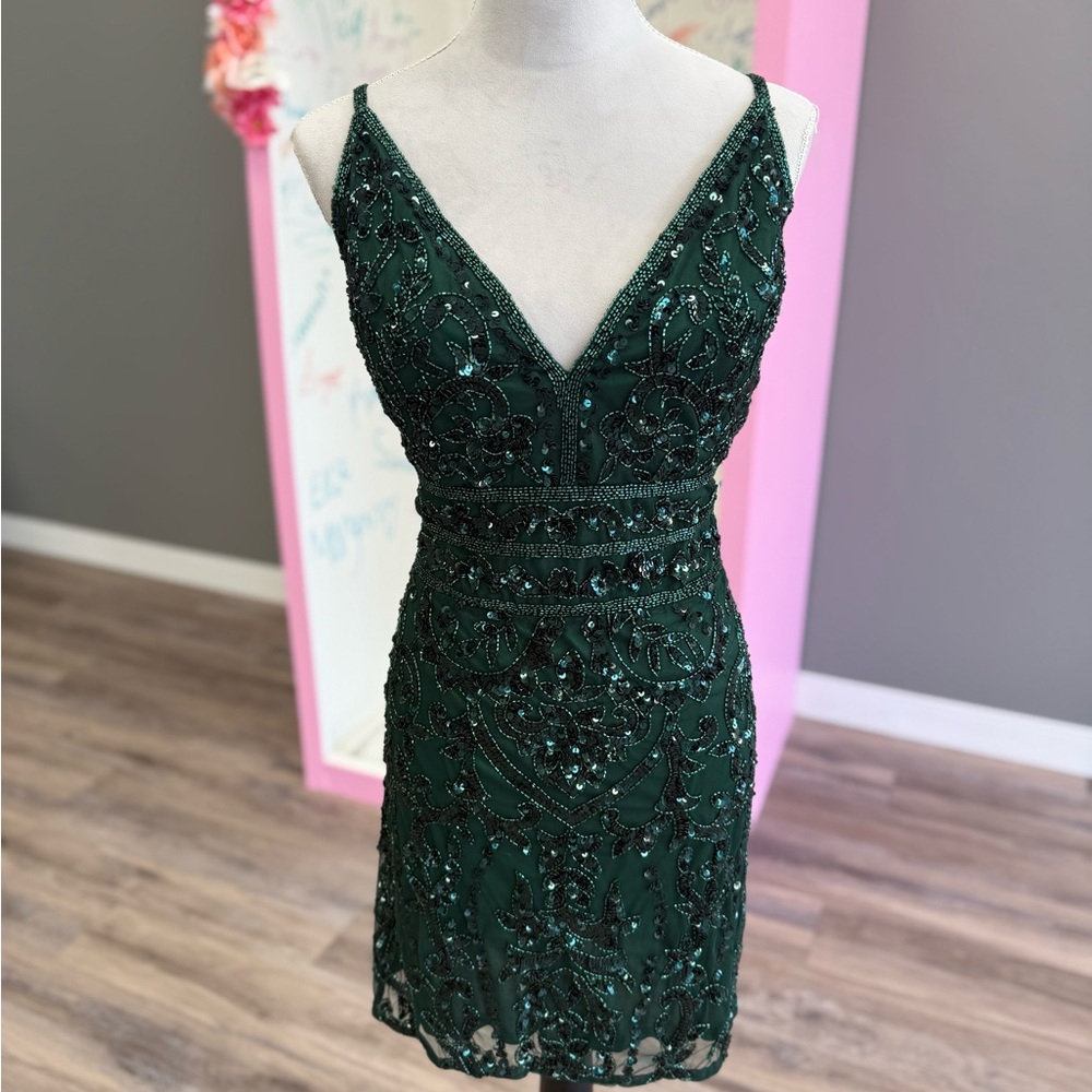 Primavera Couture Dark Green Beaded Hoco Dress
